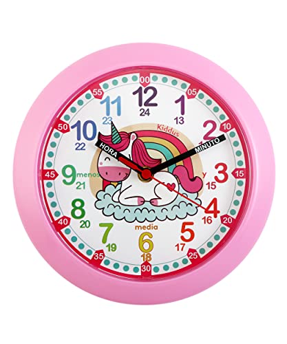 Kiddus Reloj Pedagógico para Niñas y Niños. De Pared, Analógico. Aprende la Hora con Nuestro Fácil Sistema Time Teacher. Ejercicios Incluídos. Mecanismo Silencioso. Pared Unicornio Fluorescente