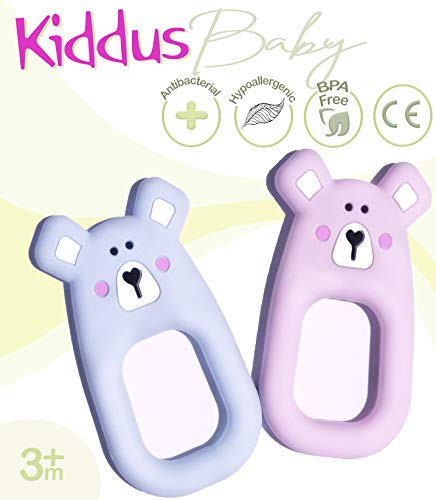 Kiddus Set 2 Mordedores Bebé 100% silicona orgánica libre de BPA, Alivia el dolor de encías y calma al bebé en la salida de sus primeros dientes 3M+ (Azul)