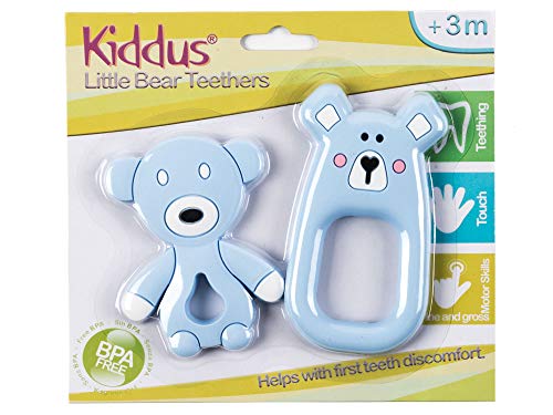 Kiddus Set 2 Mordedores Bebé 100% silicona orgánica libre de BPA, Alivia el dolor de encías y calma al bebé en la salida de sus primeros dientes 3M+ (Azul)