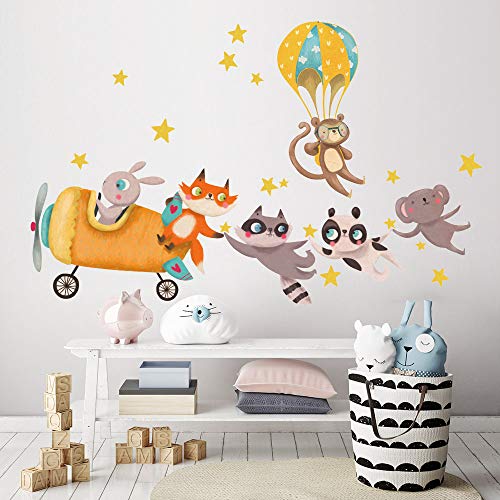 kina R00502 Pegatina Pared Suave Efecto Tejido Reposicionable Animales Avión Decoración Pared Niño Bebé Habitación Infantil Papel Pintado Adhesivo