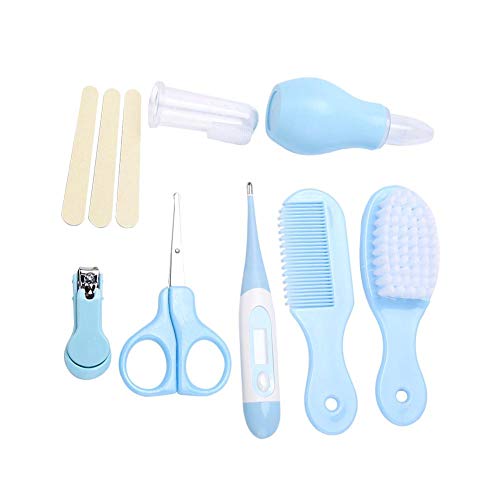 Kit para el cuidado de la salud del bebé, kit para el cuidado del bebé, 8 piezas Práctico diario cortaúñas para bebé tijeras cepillo para el cabello peine conjunto de cuidado de manicura(azul)