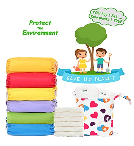 Kolo - kit de pañales de tela para bebés y niños: 6 pañales reutilizables + 8 insertos de bambú + 1 bolsa de transporte de pañales - 100% ecológicos