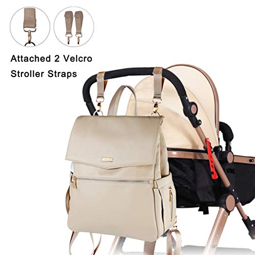 Landici - Mochila de piel para bebé con funda para portátil, iPad para mamá y mujer, mochila de viaje impermeable para niña multifunción de maternidad con correa para cochecito, color beige