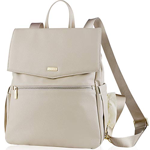 Landici - Mochila de piel para bebé con funda para portátil, iPad para mamá y mujer, mochila de viaje impermeable para niña multifunción de maternidad con correa para cochecito, color beige