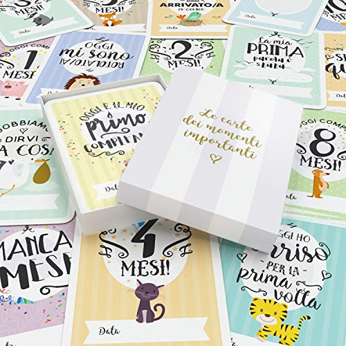 Le carte segna tappe del tuo bebè & la scatola dei ricordi – 40 carte unisex per le foto delle tappe più importanti, incluse le carte della gravidanza & le tappe d'età raggiunte (Italiano)