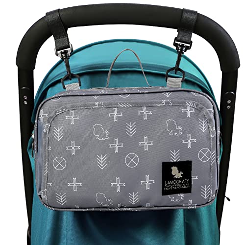 LEcylankEr Organizador para cochecito con gancho Bolso universales para Carrito con portavasos Correa para hombro Compartimento para toallitas húmedas (gris)