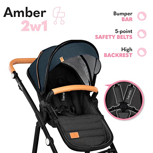 LIONELO Amber Coche de bebé multifuncional 2 en 1 Conjunto silla de paseo con el Asiento de Cubo e Capazo Manillar regulable Bolsa Mosquitero Protector de lluvia (Azul)