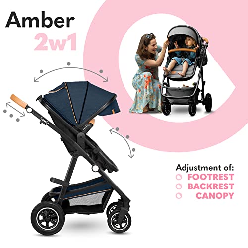 LIONELO Amber Coche de bebé multifuncional 2 en 1 Conjunto silla de paseo con el Asiento de Cubo e Capazo Manillar regulable Bolsa Mosquitero Protector de lluvia (Azul)