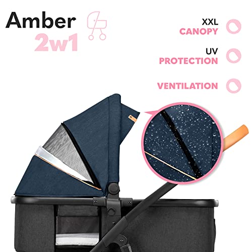 LIONELO Amber Coche de bebé multifuncional 2 en 1 Conjunto silla de paseo con el Asiento de Cubo e Capazo Manillar regulable Bolsa Mosquitero Protector de lluvia (Azul)