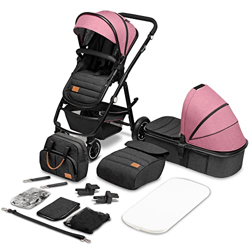 LIONELO Amber Cochecito 2 en 1 combi, cochecito con asiento deportivo y capazo fijo, bolsa, mosquitera, cubierta de lluvia (rosa)