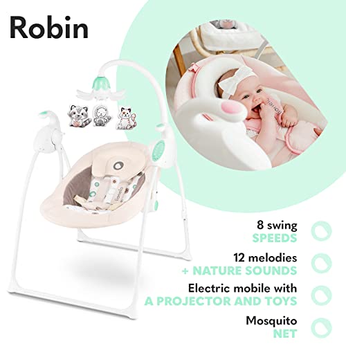 LIONELO Robin Columpio-hamaca para bebé 68 x 68 x 84 cm Niño hasta 9 kg 2 Regulación gradual 8 Velocidades de balanceo 12 Melodías Timer Trabajo silencioso Beige