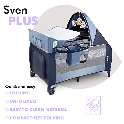 LIONELO Sven Plus 2en1 Cuna de viaje y parque de bebés 0-36M Para niños hasta 15 kg Función de cambiador Mosquitero Apertura lateral con cremallera Ajuste de altura (Azul Oscuro)