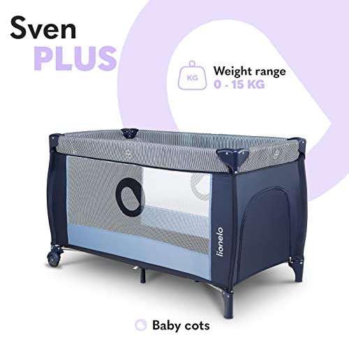 LIONELO Sven Plus 2en1 Cuna de viaje y parque de bebés 0-36M Para niños hasta 15 kg Función de cambiador Mosquitero Apertura lateral con cremallera Ajuste de altura (Azul Oscuro)