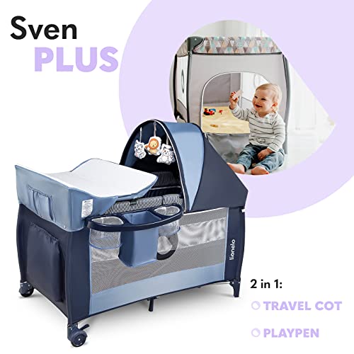 LIONELO Sven Plus 2en1 Cuna de viaje y parque de bebés 0-36M Para niños hasta 15 kg Función de cambiador Mosquitero Apertura lateral con cremallera Ajuste de altura (Azul Oscuro)