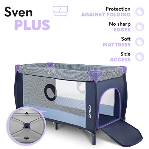 LIONELO Sven Plus 2en1 Cuna de viaje y parque de bebés 0-36M Para niños hasta 15 kg Función de cambiador Mosquitero Apertura lateral con cremallera Ajuste de altura (Azul Oscuro)