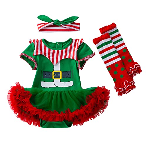 LNL Vestidos Para Navidad Bebe Niña Conjuntos Bebe Niña Duende navideño Tutu Vetidos Bebé Ropa Mi Primera Navidad 3 Piezas Verde 3-6 meses