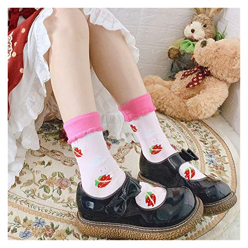 Lolita Sweet Bear Rabbit Strawberry Print Pink Calcetines japoneses para estudiantes Kawaii Calcetines JK Algodón Estilo universitario Chicas (Color: B, Talla única: Talla única)