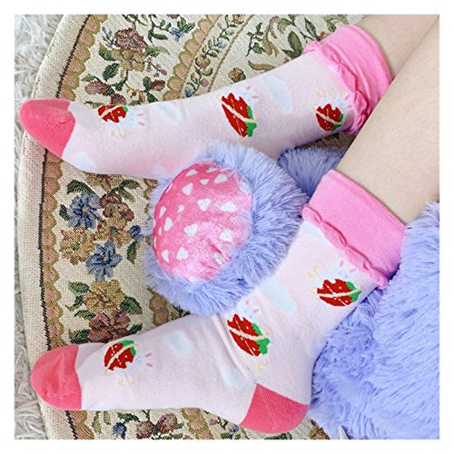 Lolita Sweet Bear Rabbit Strawberry Print Pink Calcetines japoneses para estudiantes Kawaii Calcetines JK Algodón Estilo universitario Chicas (Color: B, Talla única: Talla única)