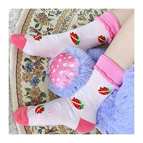 Lolita Sweet Bear Rabbit Strawberry Print Pink Calcetines japoneses para estudiantes Kawaii Calcetines JK Algodón Estilo universitario Chicas (Color: B, Talla única: Talla única)