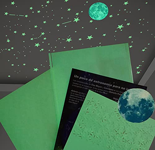 Luna + 462 Estrellas Fluorescentes para techo + 5 Mapas simplificados con constelaciones + tiras fosforescentes para marcarlas y Mini poster planetas. Brillantes Brillan en la oscuridad. SIN PLANTILLA