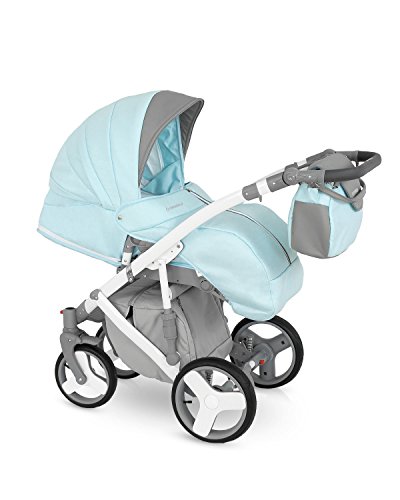 Lux4kids Trío Cochecito 3 in 1 Silla de paseo + capazo + silla para coche + rutas giratorias neumática + colchón VIP Hecho en Europa Accesorios opcionales Canillo blanco-azul claro