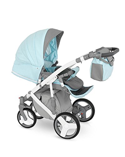 Lux4kids Trío Cochecito 3 in 1 Silla de paseo + capazo + silla para coche + rutas giratorias neumática + colchón VIP Hecho en Europa Accesorios opcionales Canillo blanco-azul claro