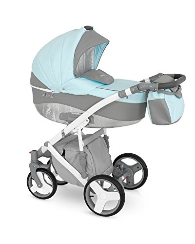 Lux4kids Trío Cochecito 3 in 1 Silla de paseo + capazo + silla para coche + rutas giratorias neumática + colchón VIP Hecho en Europa Accesorios opcionales Canillo blanco-azul claro