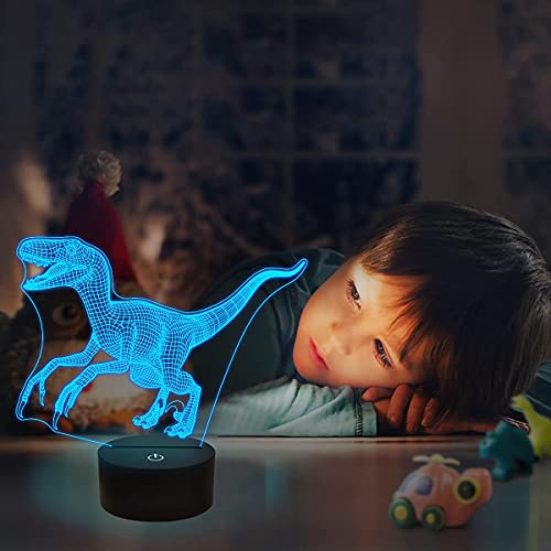 Luz de noche 3D, diseño de dinosaurio LED Jurásico Velociraptor Raptor para habitación de niños, decoración del hogar, regalos de cumpleaños con control remoto 16 colores cambiantes