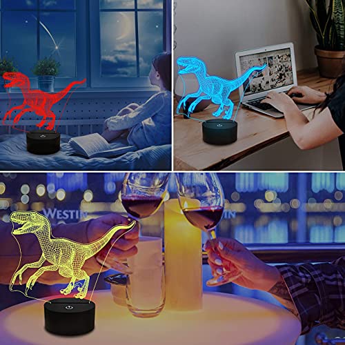 Luz de noche 3D, diseño de dinosaurio LED Jurásico Velociraptor Raptor para habitación de niños, decoración del hogar, regalos de cumpleaños con control remoto 16 colores cambiantes