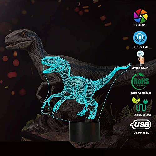 Luz de noche 3D, diseño de dinosaurio LED Jurásico Velociraptor Raptor para habitación de niños, decoración del hogar, regalos de cumpleaños con control remoto 16 colores cambiantes