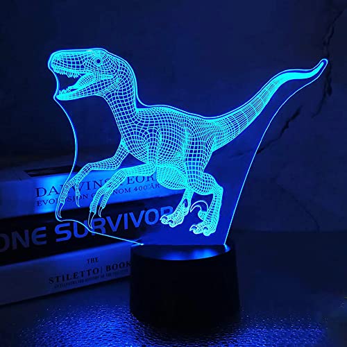 Luz de noche 3D, diseño de dinosaurio LED Jurásico Velociraptor Raptor para habitación de niños, decoración del hogar, regalos de cumpleaños con control remoto 16 colores cambiantes