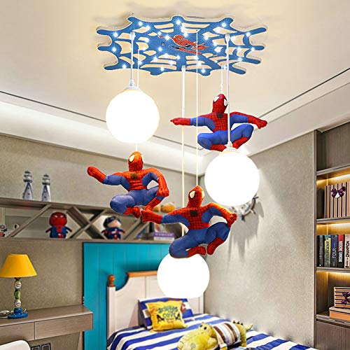 Luz De Techo Para Niños, Luz Colgante Creativa De Spider Man, Lamparas De Techo LED Para Dormitorio De Niños Habitación De Niña Princesa, Pantalla De Vidrio, Placa De Techo De Madera 57Cm, 21W+E27×3