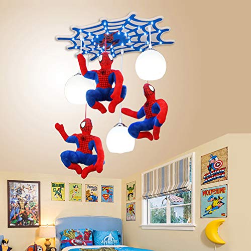 Luz De Techo Para Niños, Luz Colgante Creativa De Spider Man, Lamparas De Techo LED Para Dormitorio De Niños Habitación De Niña Princesa, Pantalla De Vidrio, Placa De Techo De Madera 57Cm, 21W+E27×3