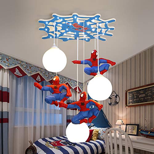 Luz De Techo Para Niños, Luz Colgante Creativa De Spider Man, Lamparas De Techo LED Para Dormitorio De Niños Habitación De Niña Princesa, Pantalla De Vidrio, Placa De Techo De Madera 57Cm, 21W+E27×3