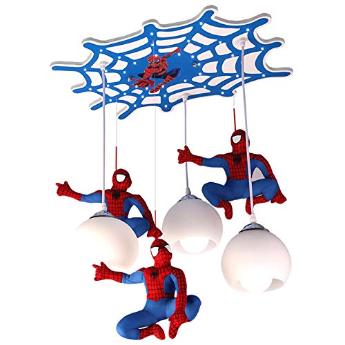 Luz De Techo Para Niños, Luz Colgante Creativa De Spider Man, Lamparas De Techo LED Para Dormitorio De Niños Habitación De Niña Princesa, Pantalla De Vidrio, Placa De Techo De Madera 57Cm, 21W+E27×3