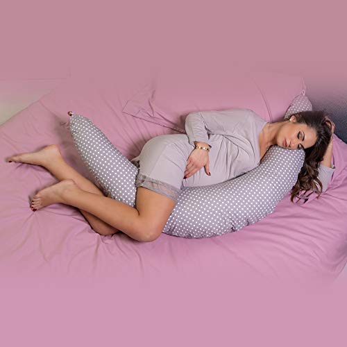 MAAMI Plus almohada de embarazo y lactancia para el descanso de la madre y del bebé.Antiácaros, antibacteriano, impermeable, funda exterior 100% algodón desenfundable y lavable - Gris lunares blancos