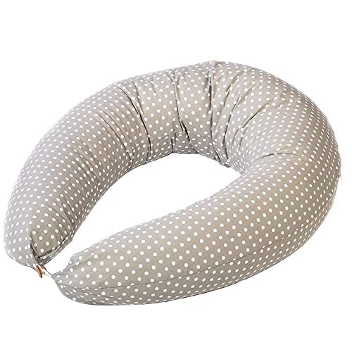 MAAMI Plus almohada de embarazo y lactancia para el descanso de la madre y del bebé.Antiácaros, antibacteriano, impermeable, funda exterior 100% algodón desenfundable y lavable - Gris lunares blancos