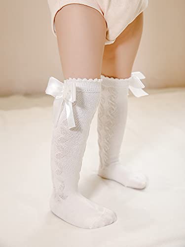 MAHUAOYIXI Calcetines para niños a la rodilla de algodón con lazo, princesa, para niña, elegantes, de encaje, color liso, para bautizo, casual, cómodo, beige, L