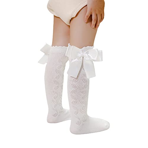 MAHUAOYIXI Calcetines para niños a la rodilla de algodón con lazo, princesa, para niña, elegantes, de encaje, color liso, para bautizo, casual, cómodo, beige, L