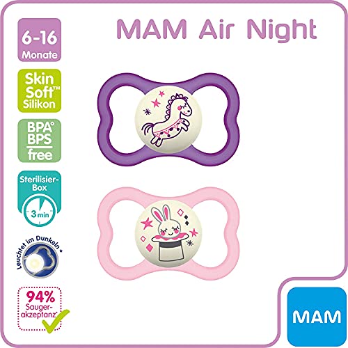 MAM Air Night - Juego de 2 chupetes de silicona para bebé con diseño de escudo extra ligero y ventilado con caja para chupete, 6-16 meses, conejo/caballo-Instrucciones en lengua extranjera