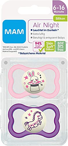 MAM Air Night - Juego de 2 chupetes de silicona para bebé con diseño de escudo extra ligero y ventilado con caja para chupete, 6-16 meses, conejo/caballo-Instrucciones en lengua extranjera