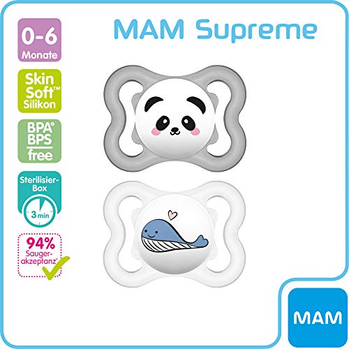 MAM chupete dental silicona Supreme 0-6 meses, juedo de 4, unisex, estuche de esterilización y transporte