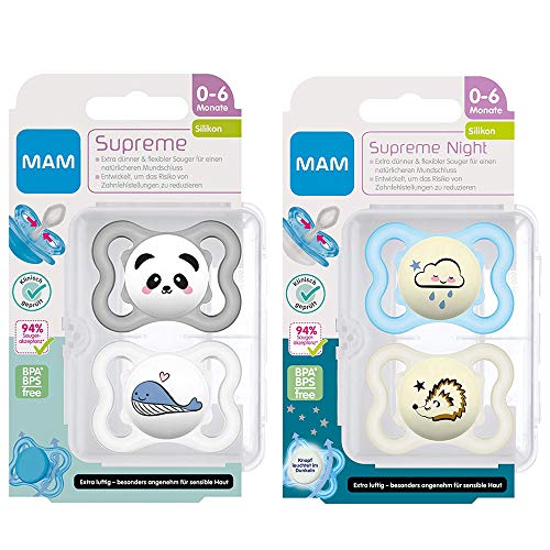 MAM chupete dental silicona Supreme 0-6 meses, juedo de 4, unisex, estuche de esterilización y transporte