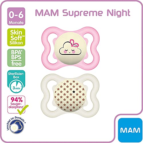 MAM chupete silicona Supreme 0-6 meses, juedo de 4 para las niñas, estuche de esterilización y transporte