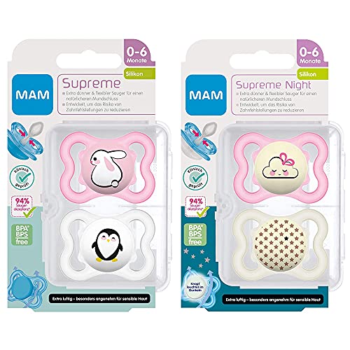 MAM chupete silicona Supreme 0-6 meses, juedo de 4 para las niñas, estuche de esterilización y transporte