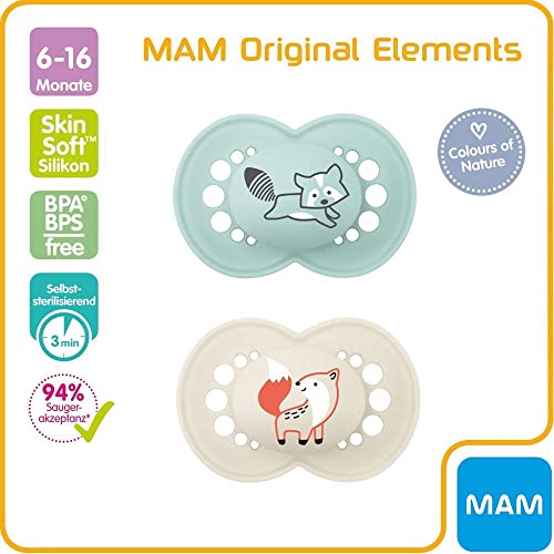 MAM Original Chupete 6-16 meses Silicona, Juedo de 2, estuche de esterilización y transporte + MAM Clip it ! & Cover