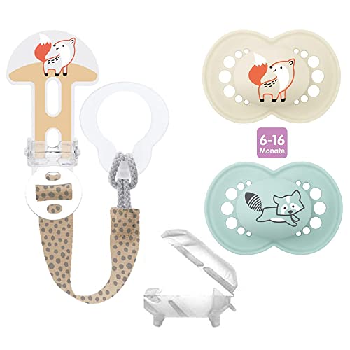 MAM Original Chupete 6-16 meses Silicona, Juedo de 2, estuche de esterilización y transporte + MAM Clip it ! & Cover