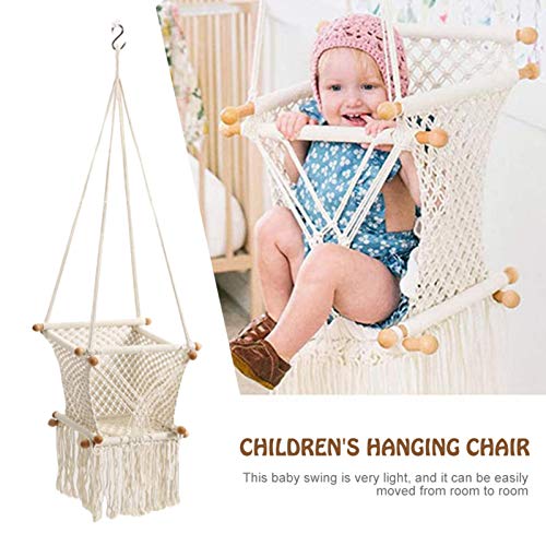 MANGGUO Asiento de Columpio para bebé Hecho a Mano, Silla de Hamaca para niño pequeño Tejido con Cuerda de algodón, Asiento de Columpio de Madera para bebé con Cojines de Cuentas