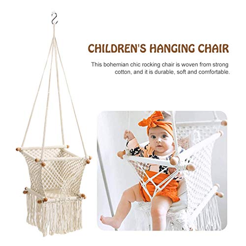 MANGGUO Asiento de Columpio para bebé Hecho a Mano, Silla de Hamaca para niño pequeño Tejido con Cuerda de algodón, Asiento de Columpio de Madera para bebé con Cojines de Cuentas