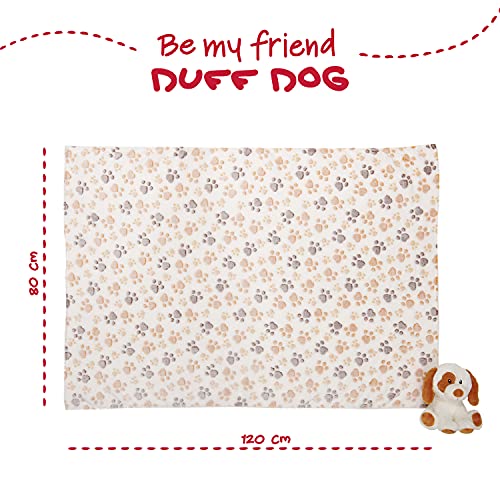 Manta Bebé Suave y Cálida con Perro Peluche - Muselina para Niño y Niña 0 1 2 3 Años Colorida con Lazo - Doudou para Niños Niñas Beige y Marrón con Muñeco y Estampados - 120x80 cm - Perletti (Perro)